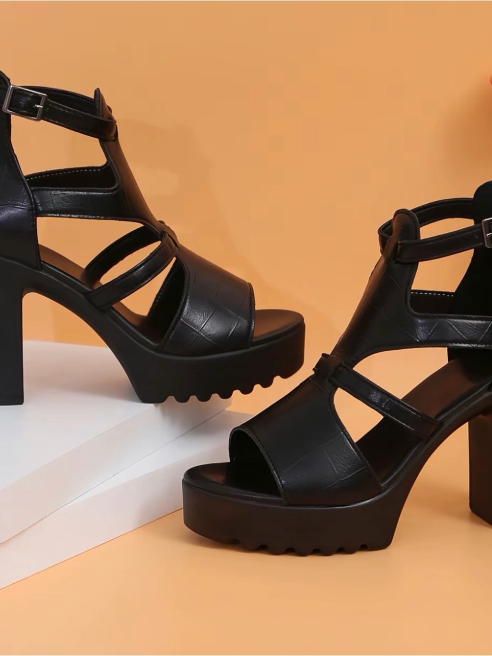 Chic Black Platform Block Heel Sandals with Ankle Strap